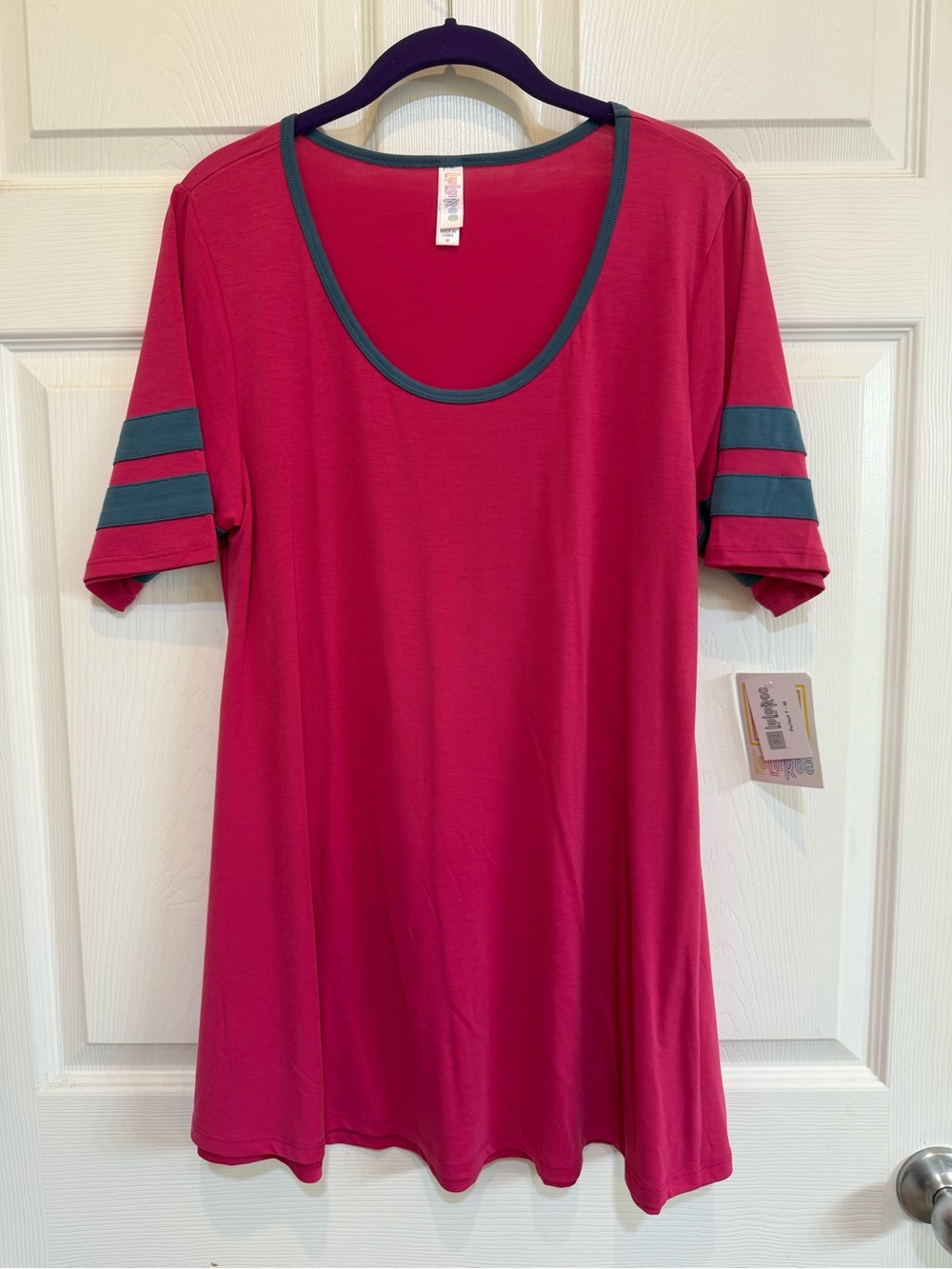 NWT LuLaRoe Perfect T Swing Tunic Top Varsity Stripe Pink & blue gray/ sz Medium